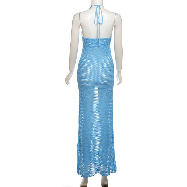 Natalia knitted beach maxi dress with a floral design and open back
