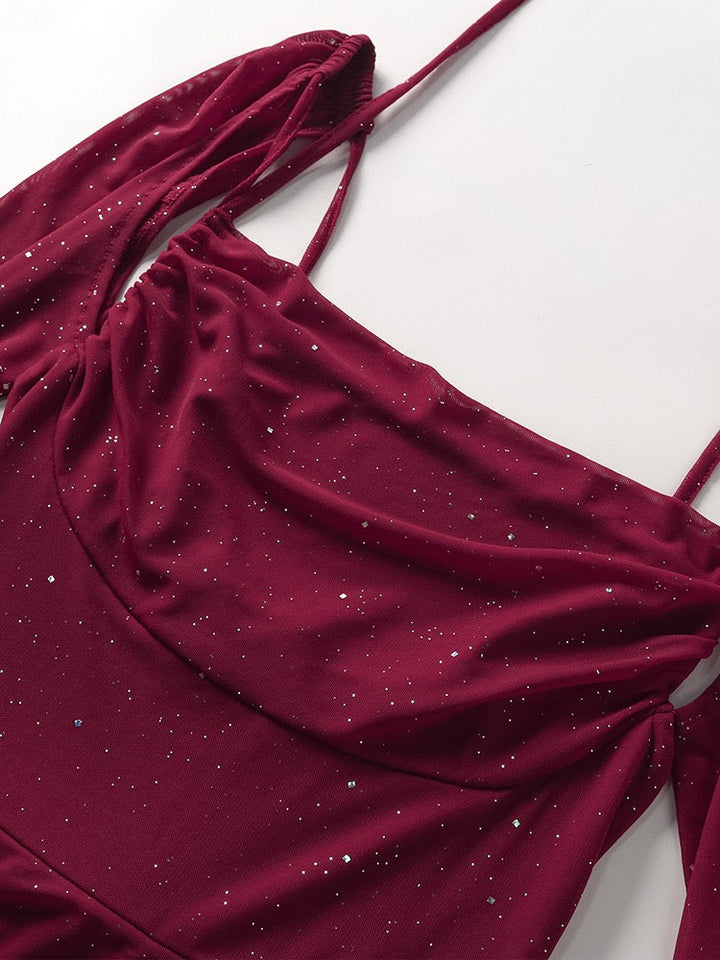 Maxi Glitter Dress with Open Back and Slit - Madame