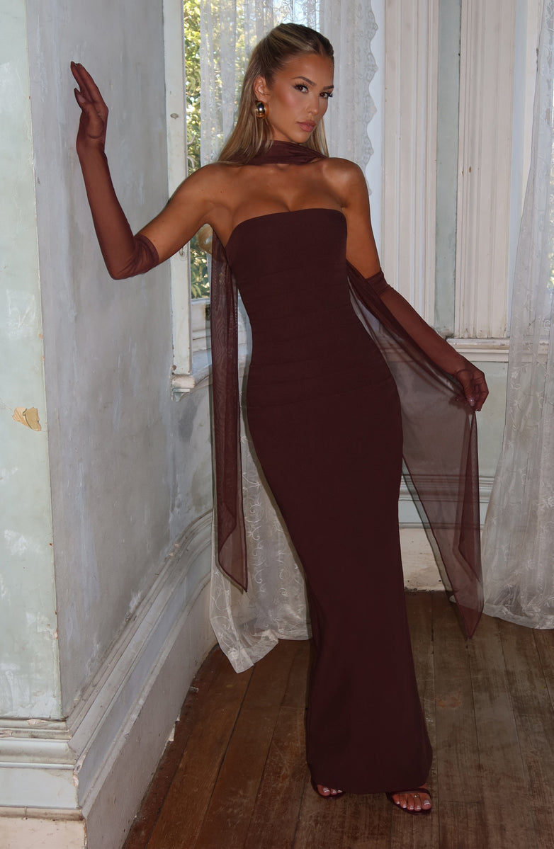 Maxi strapless dress with glove and chiffon scarf decoration - Annabel