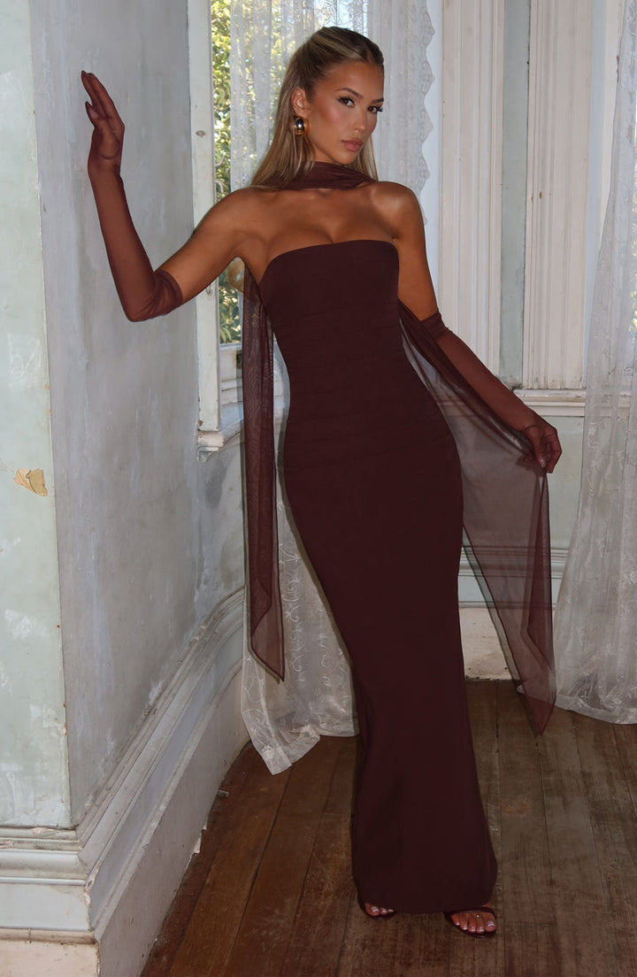 Maxi strapless dress with glove and chiffon scarf decoration - Annabel
