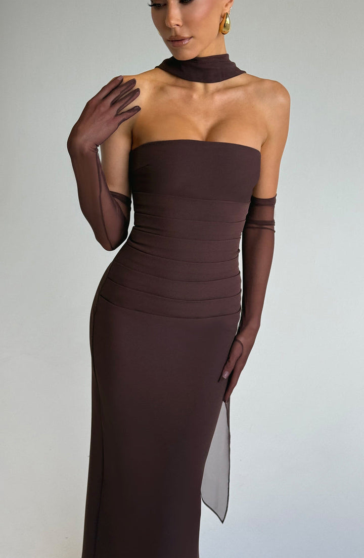 Maxi strapless dress with glove and chiffon scarf decoration - Annabel