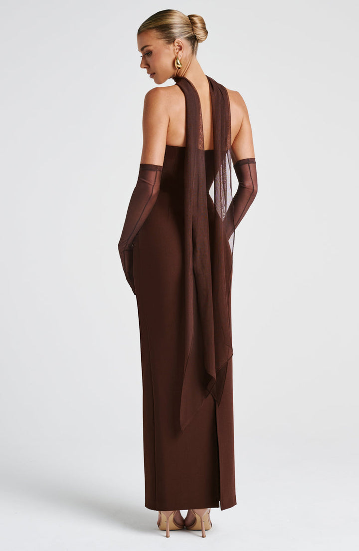 Maxi strapless dress with glove and chiffon scarf decoration - Annabel