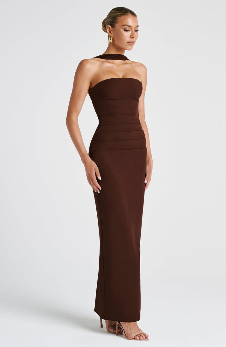 Maxi strapless dress with glove and chiffon scarf decoration - Annabel