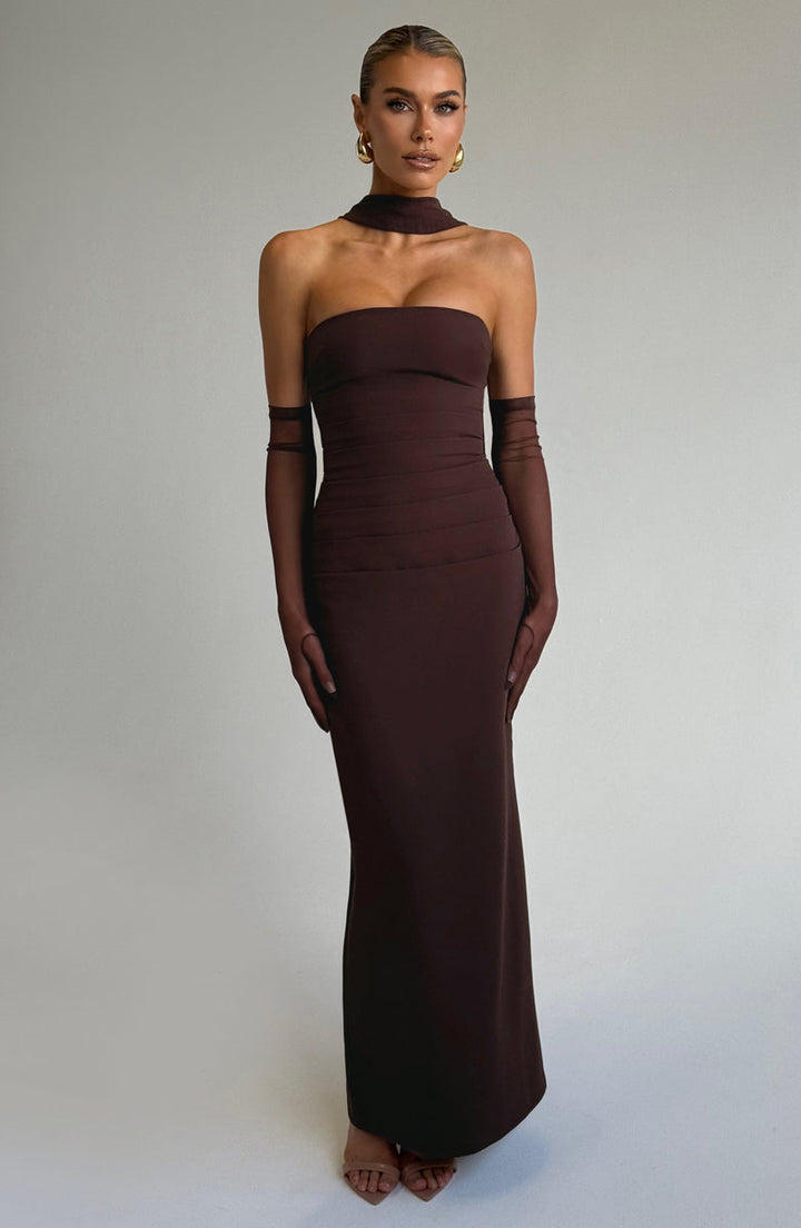 Maxi strapless dress with glove and chiffon scarf decoration - Annabel