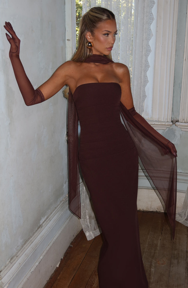 Maxi strapless dress with glove and chiffon scarf decoration - Annabel