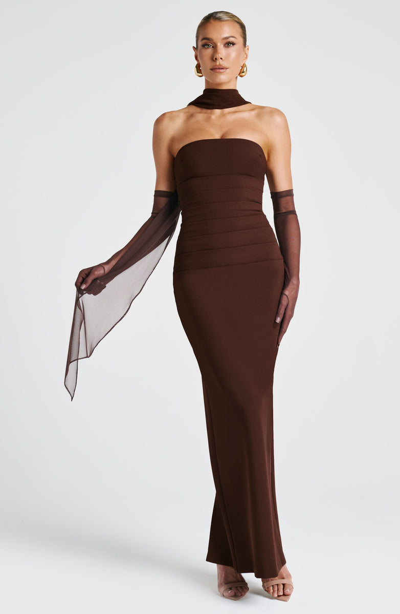 Maxi strapless dress with glove and chiffon scarf decoration - Annabel