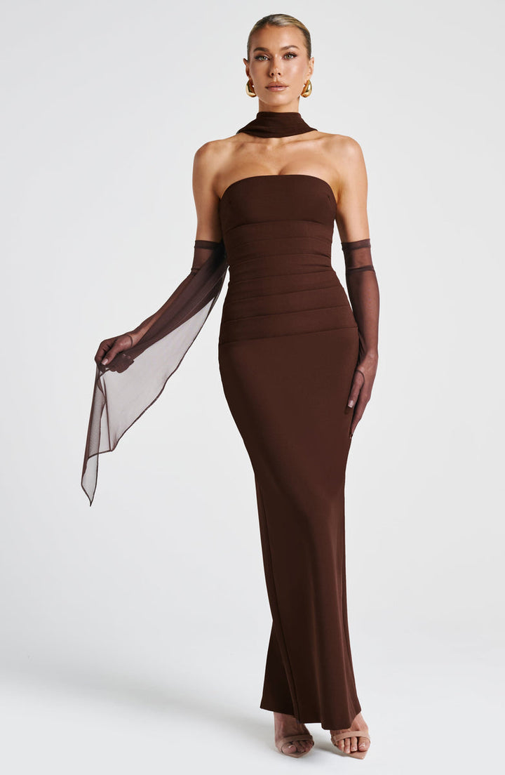 Maxi strapless dress with glove and chiffon scarf decoration - Annabel