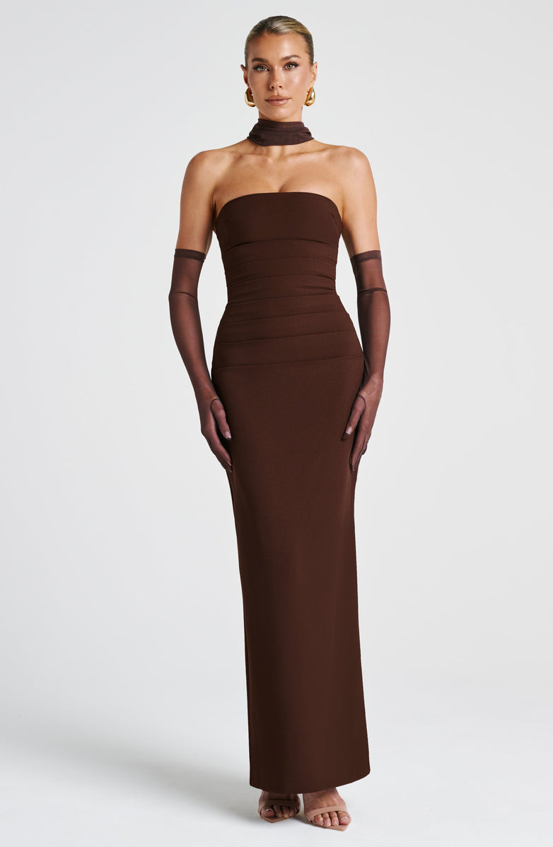 Maxi strapless dress with glove and chiffon scarf decoration - Annabel