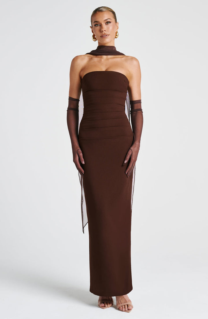Maxi strapless dress with glove and chiffon scarf decoration - Annabel