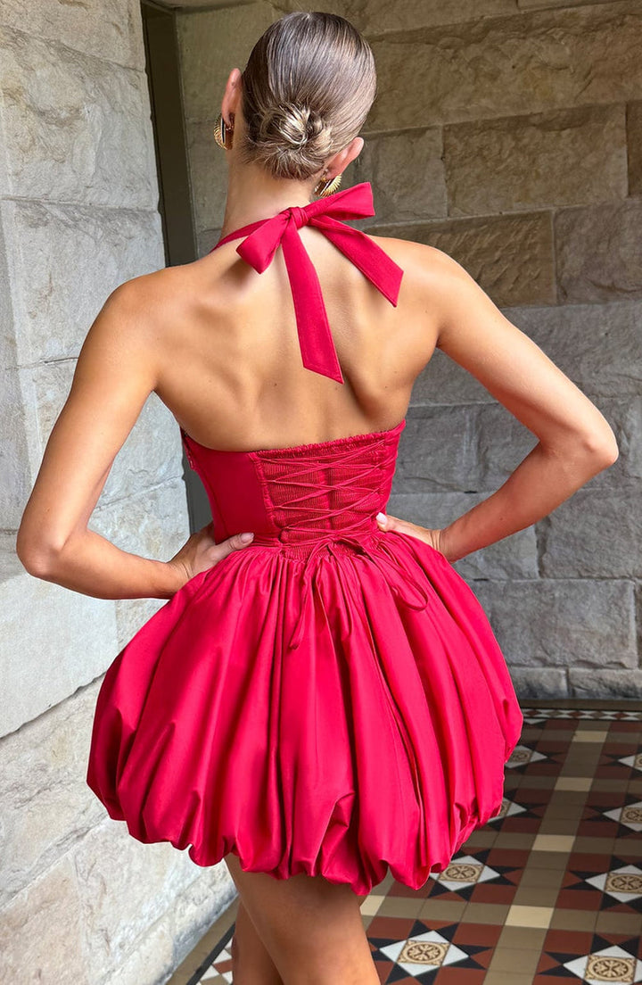 Balloon Mini Dress with Neck Tie and Satin Skirt - Mikaela