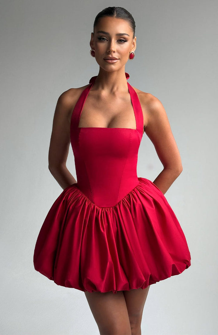 Balloon Mini Dress with Neck Tie and Satin Skirt - Mikaela