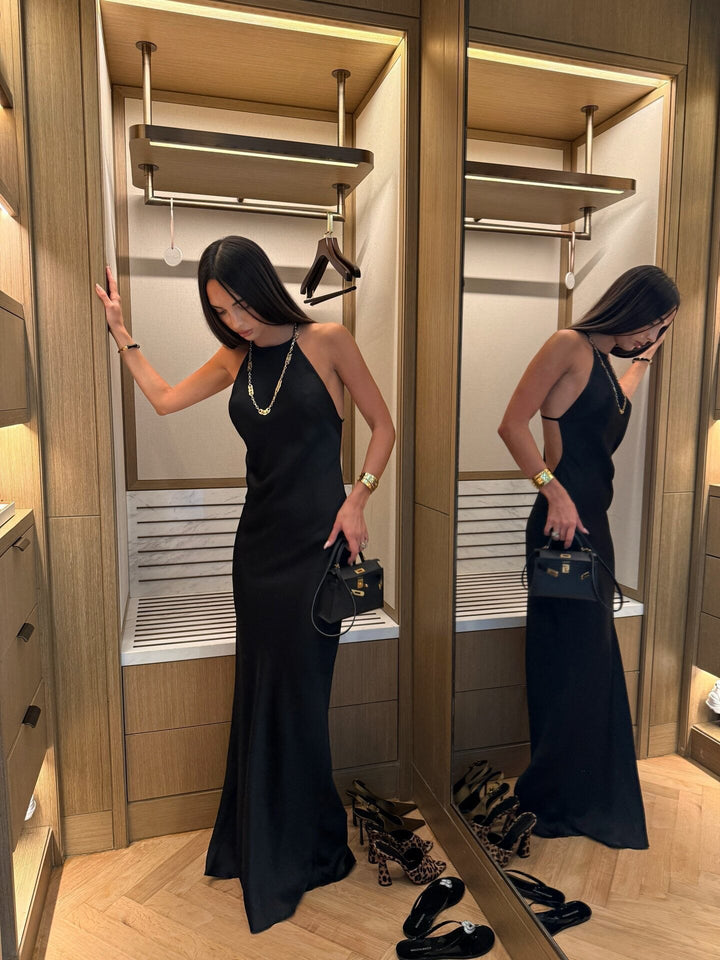 Roxania elegant satin maxi dress with a diamond buckle detail on the back