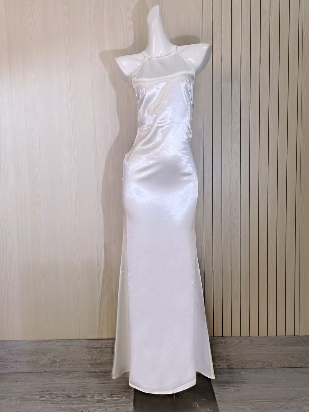 Roxania elegant satin maxi dress with a diamond buckle detail on the back