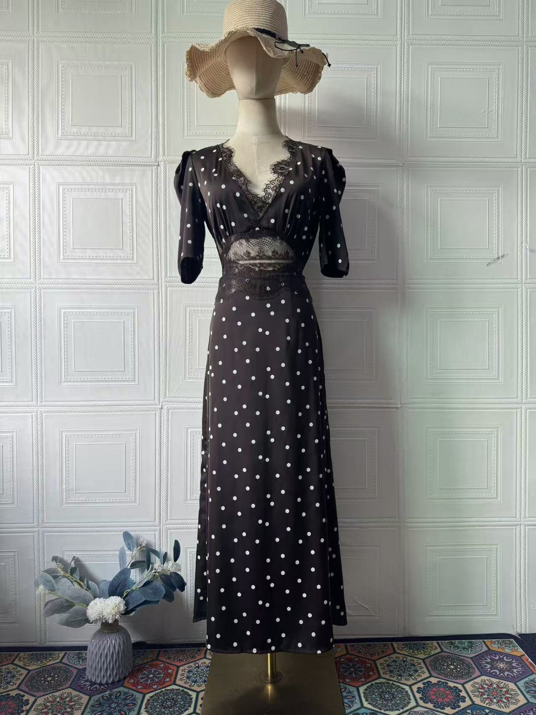 Satin maxi dress with polka dots/solid and lace design - ZIVA