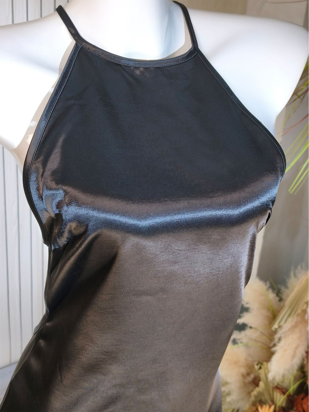 Roxania elegant satin maxi dress with a diamond buckle detail on the back