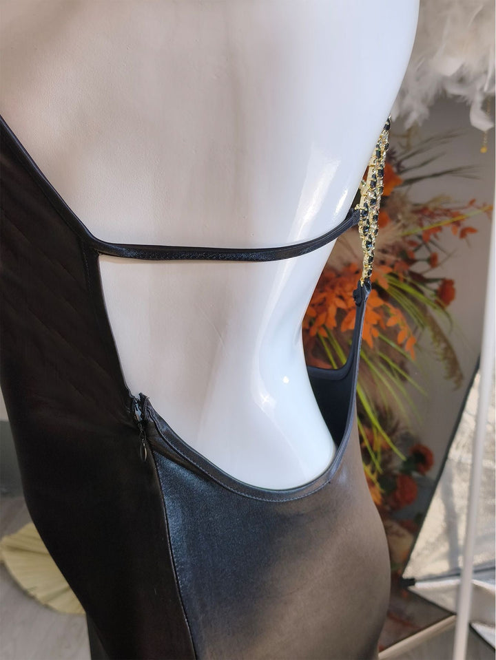 Roxania elegant satin maxi dress with a diamond buckle detail on the back