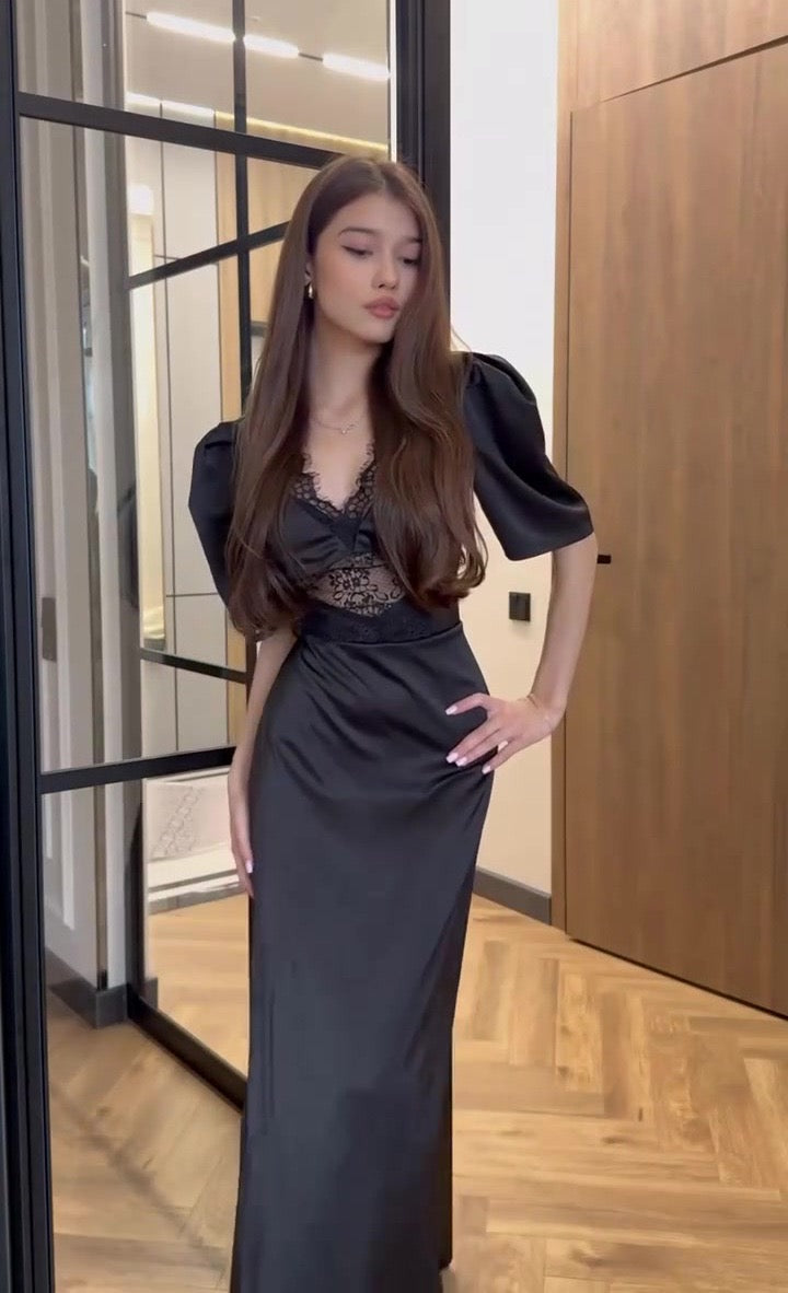 Satin maxi dress with polka dots/solid and lace design - ZIVA