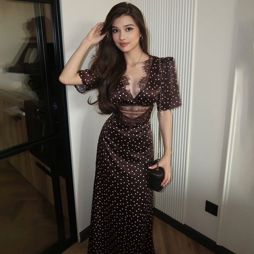 Satin maxi dress with polka dots/solid and lace design - ZIVA