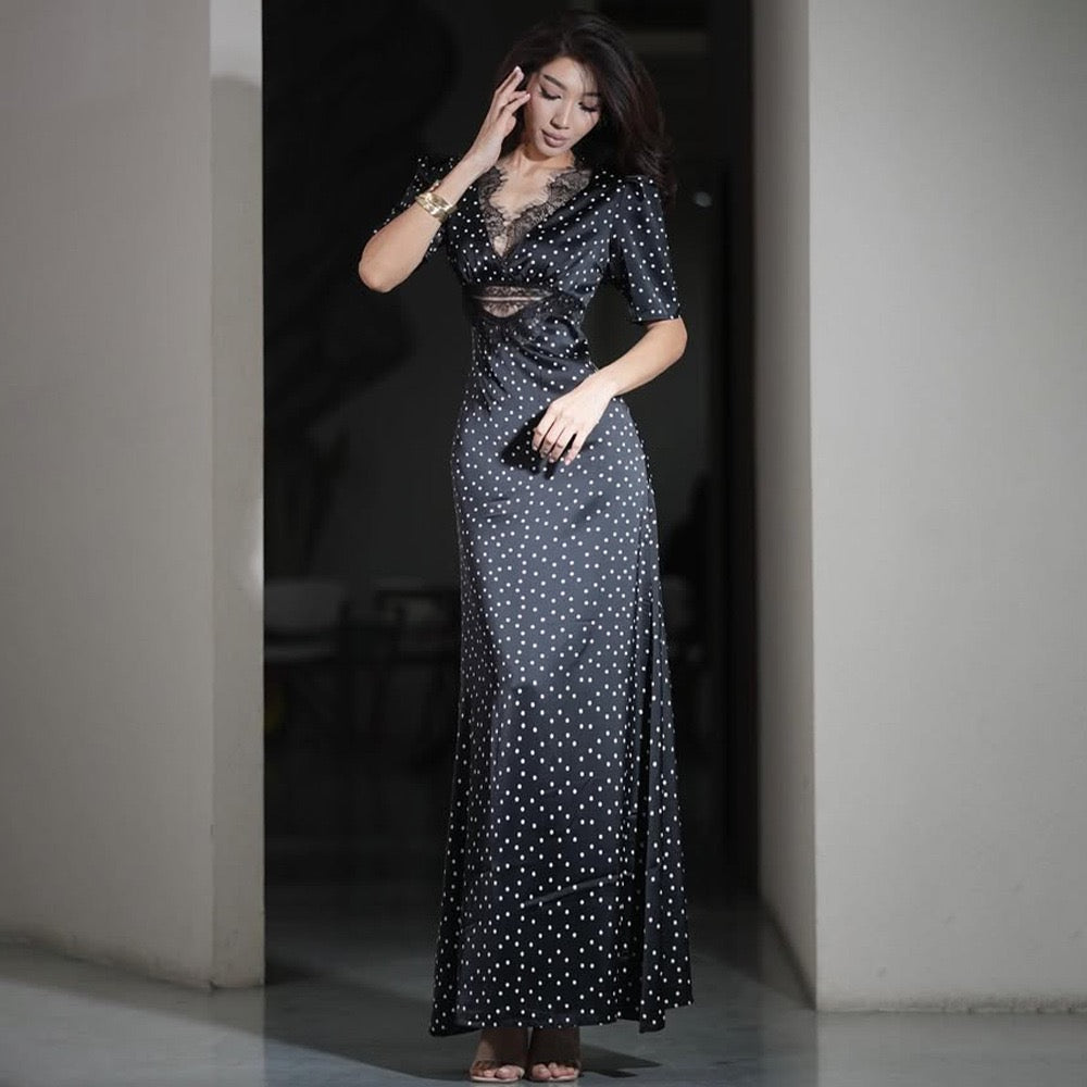 Satin maxi dress with polka dots/solid and lace design - ZIVA