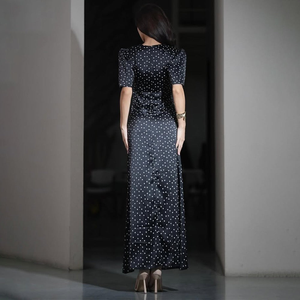 Satin maxi dress with polka dots/solid and lace design - ZIVA