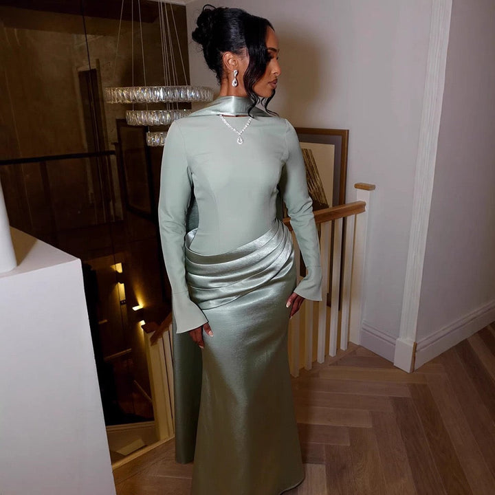 Nora satin and pleated maxi dress with a matching scarf