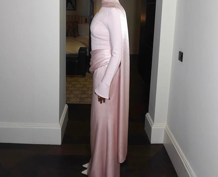 Nora satin and pleated maxi dress with a matching scarf