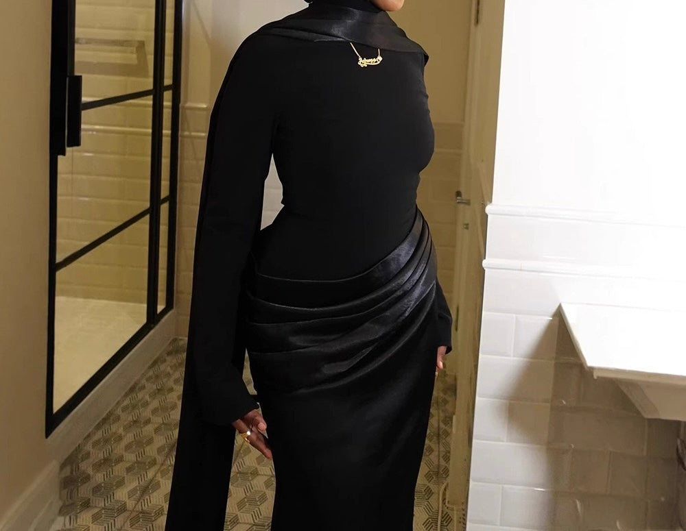 Nora satin and pleated maxi dress with a matching scarf