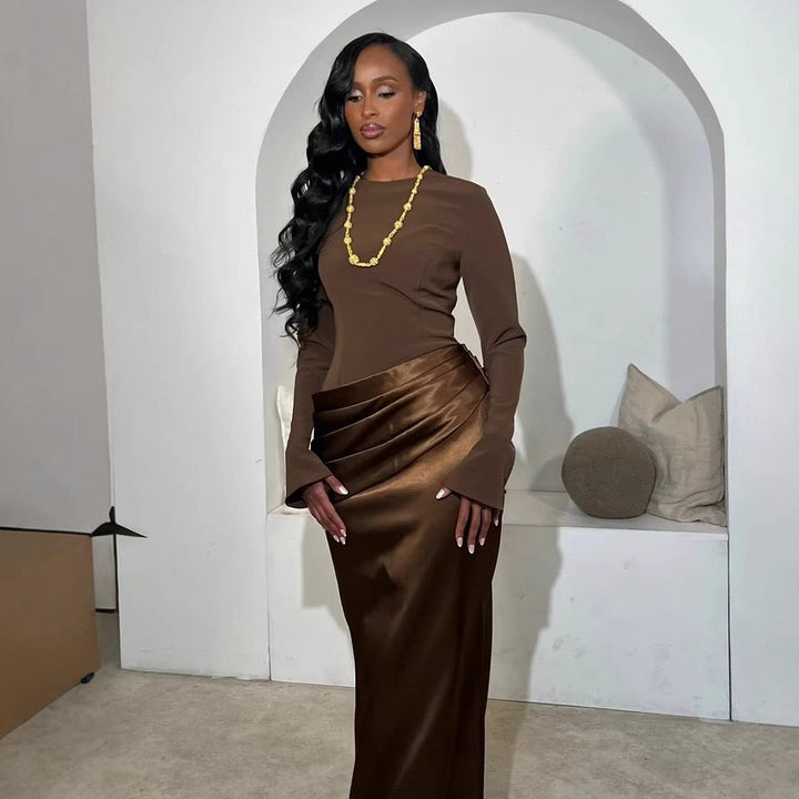 Nora satin and pleated maxi dress with a matching scarf