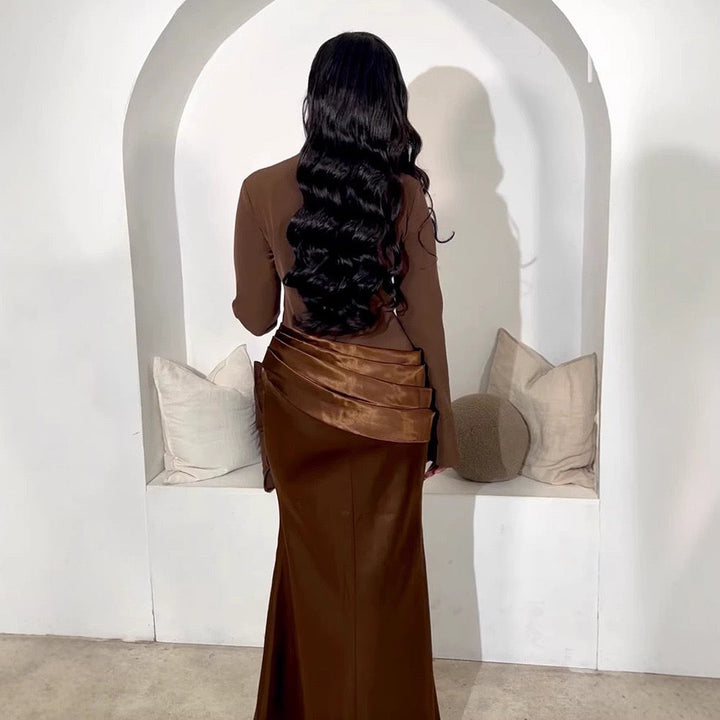 Nora satin and pleated maxi dress with a matching scarf