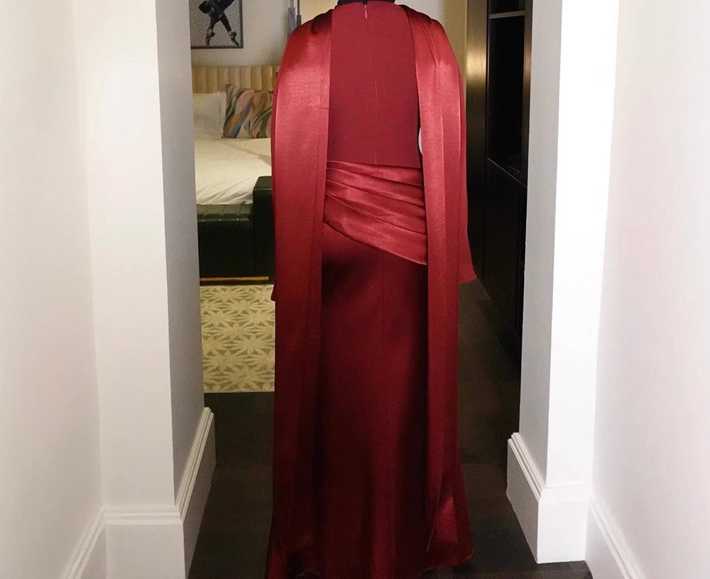 Nora satin and pleated maxi dress with a matching scarf
