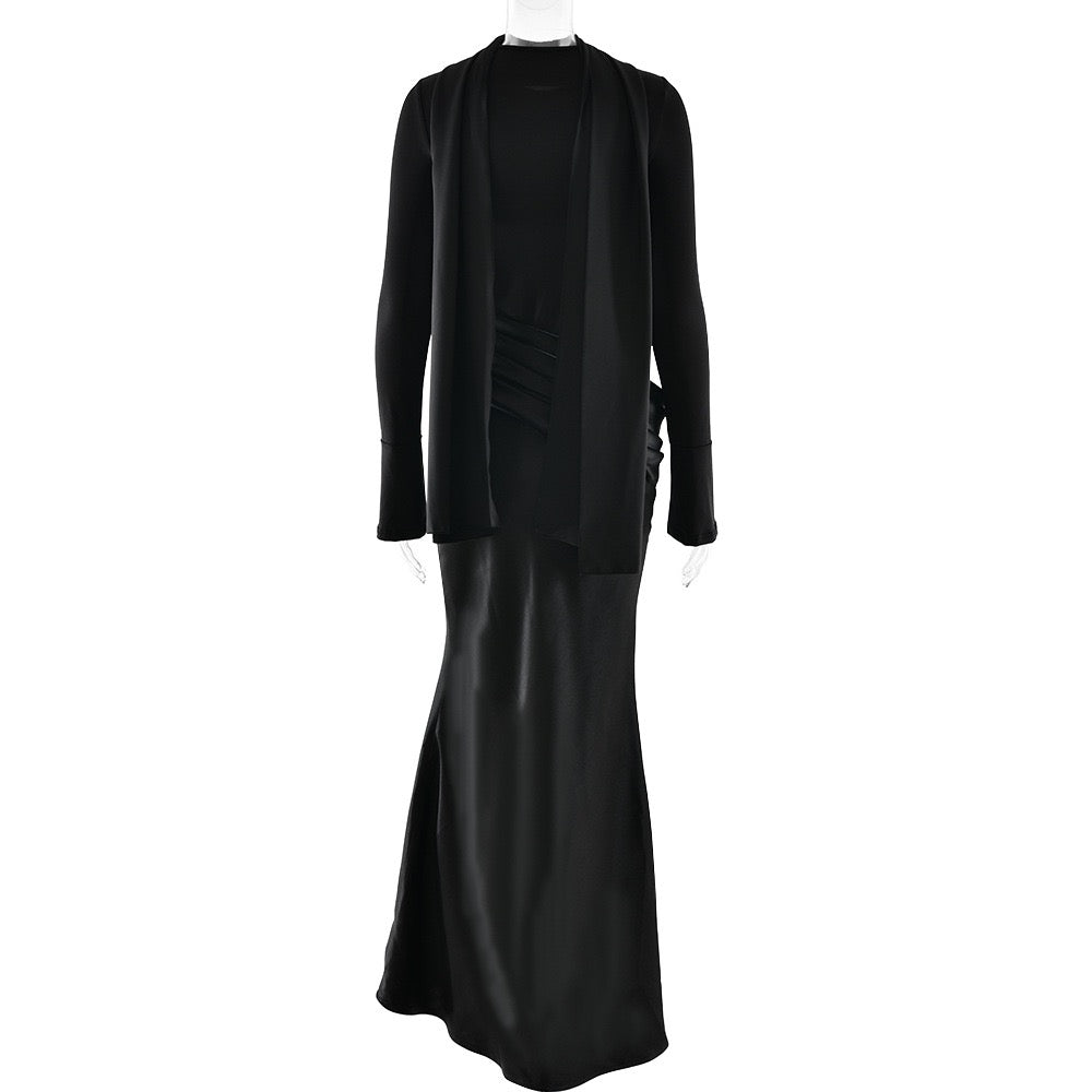 Nora satin and pleated maxi dress with a matching scarf
