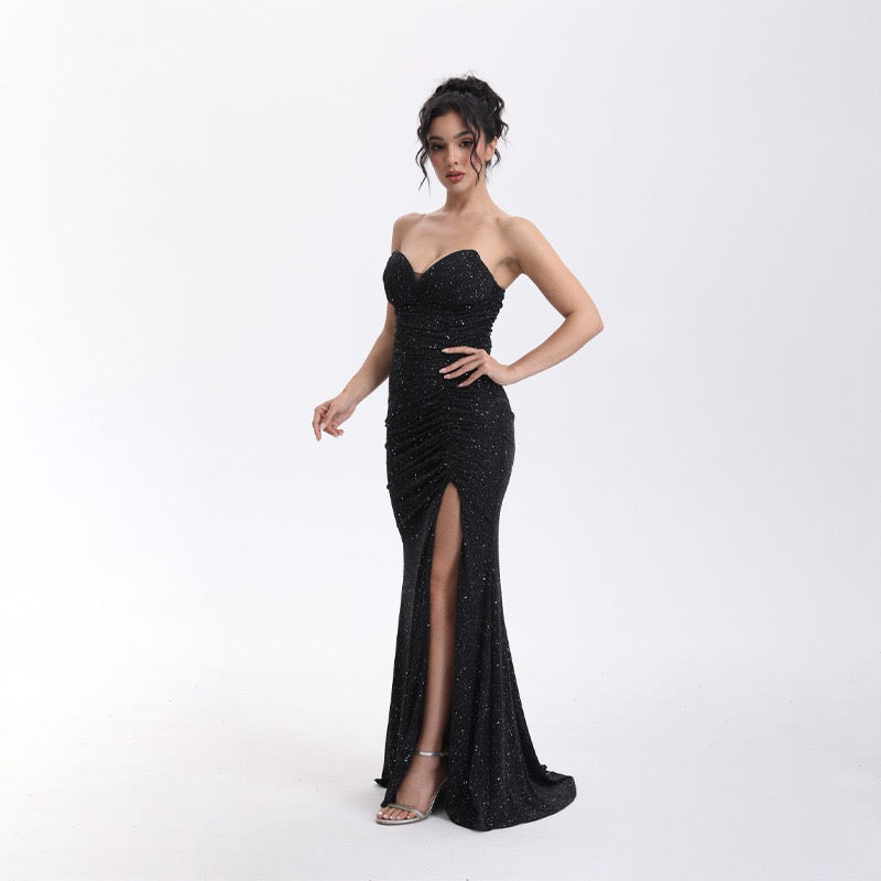 Beatrice strapless sequin maxi dress with a gathered design and slit
