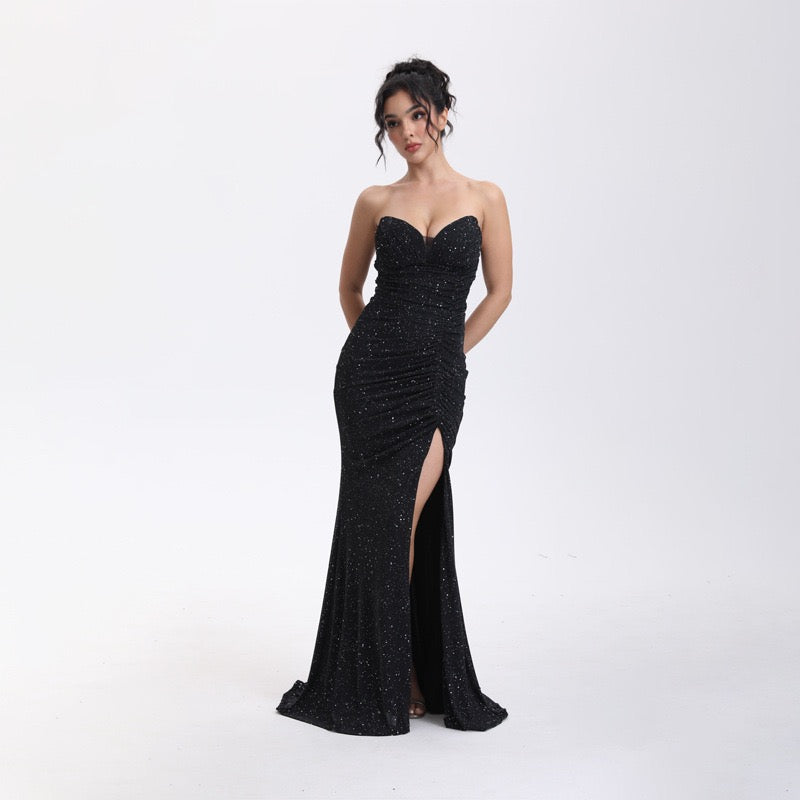 Beatrice strapless sequin maxi dress with a gathered design and slit