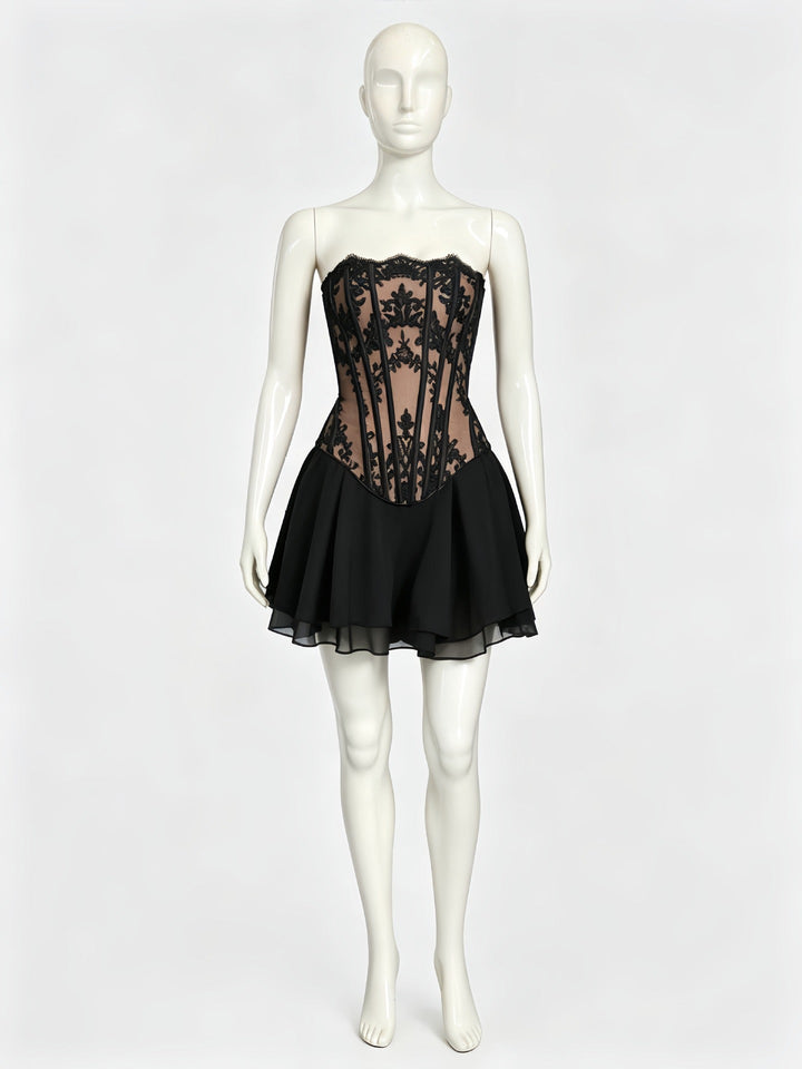 Maureen two-piece set with a strapless lace corset top and chiffon mini skirt
