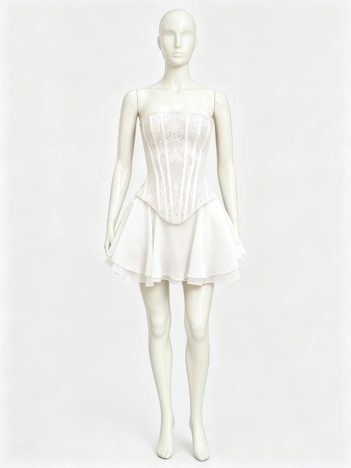 Maureen two-piece set with a strapless lace corset top and chiffon mini skirt
