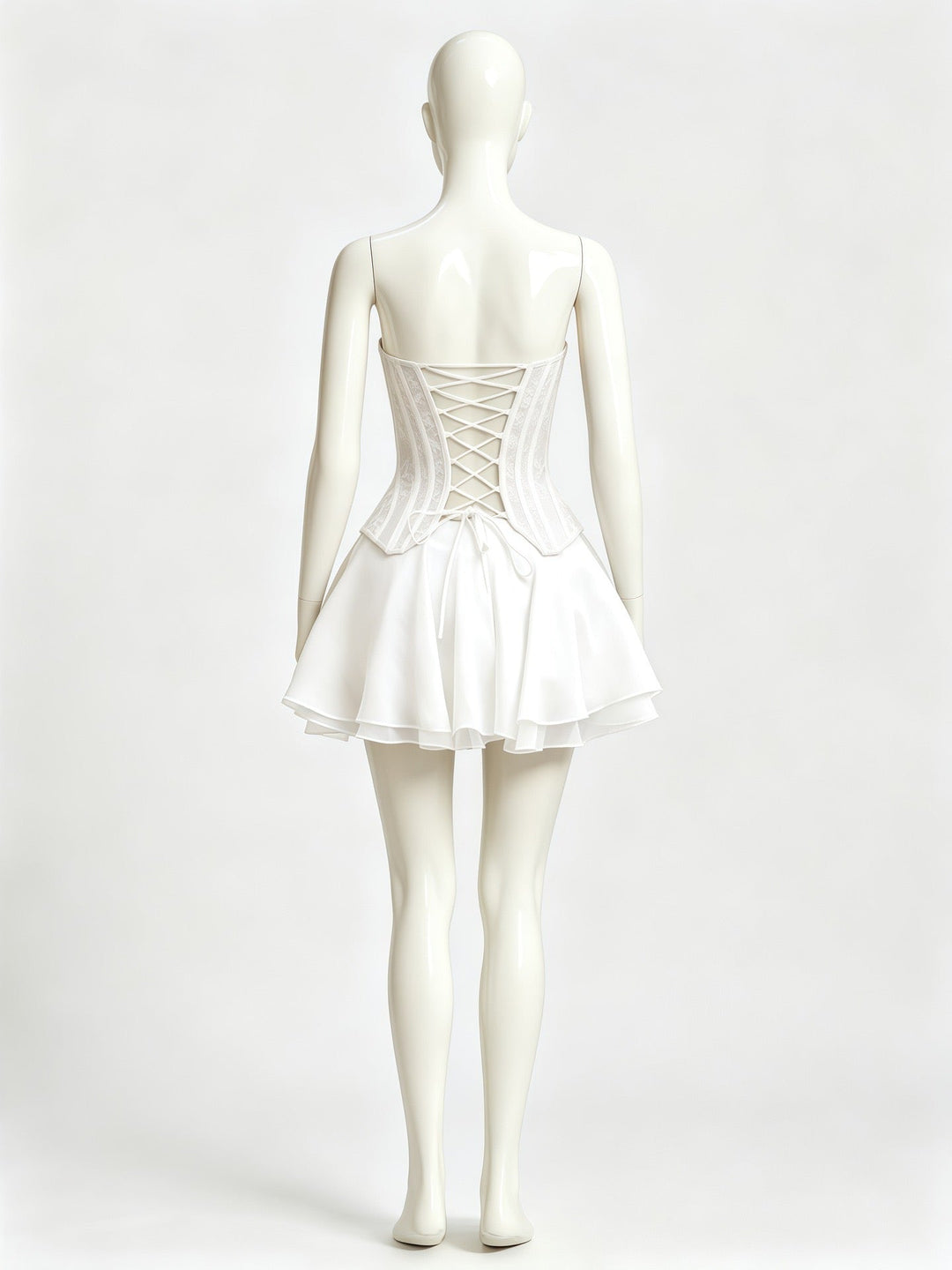 Maureen two-piece set with a strapless lace corset top and chiffon mini skirt