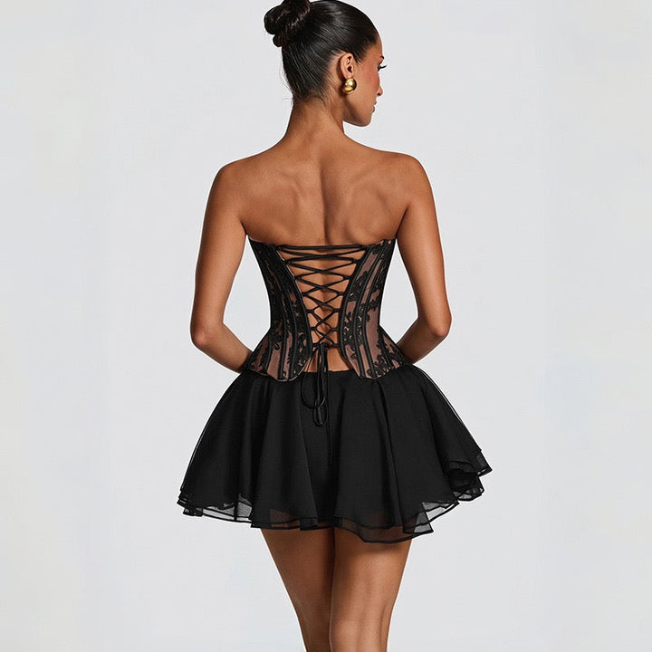 Maureen two-piece set with a strapless lace corset top and chiffon mini skirt