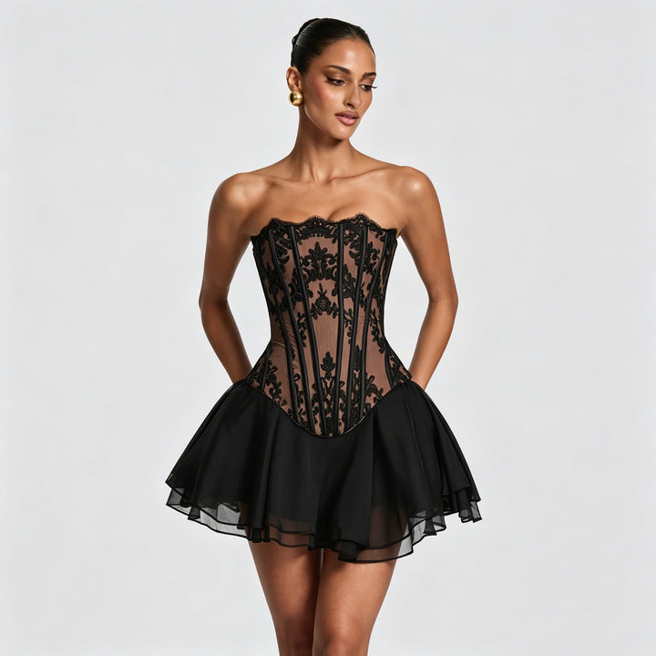 Maureen two-piece set with a strapless lace corset top and chiffon mini skirt