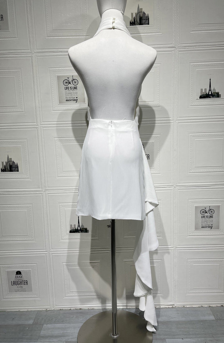 Lilian satin halter mini dress with an open back and train detail