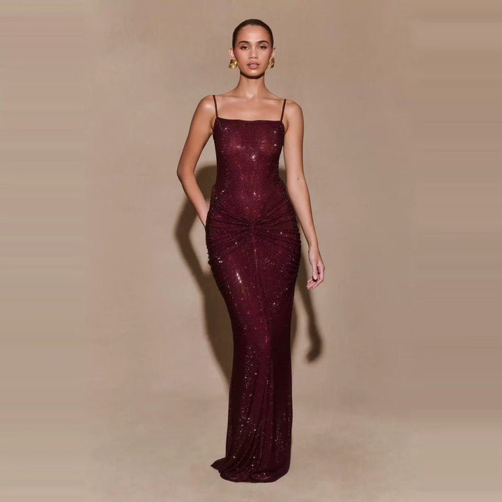Fitted maxi dress with sparkling sequins and ruching - DIAN