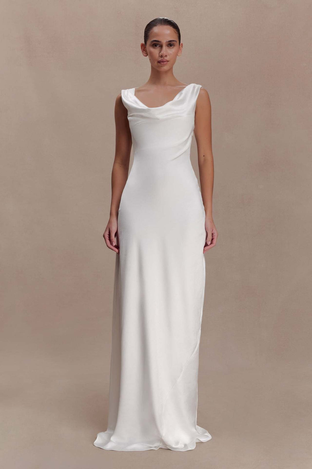 ANGELIN satin maxi dress with lace detailing and an open back