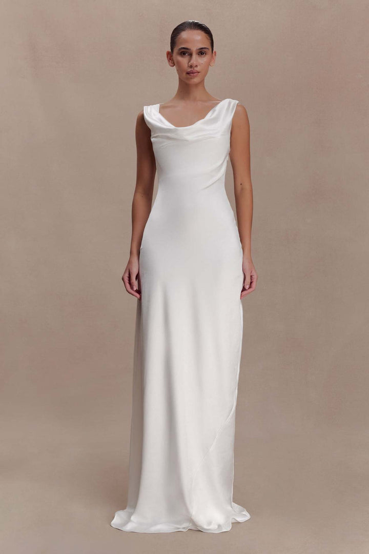 ANGELIN satin maxi dress with lace detailing and an open back