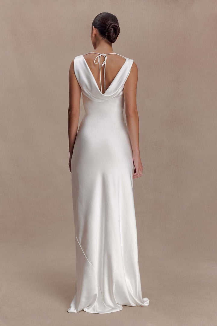ANGELIN satin maxi dress with lace detailing and an open back