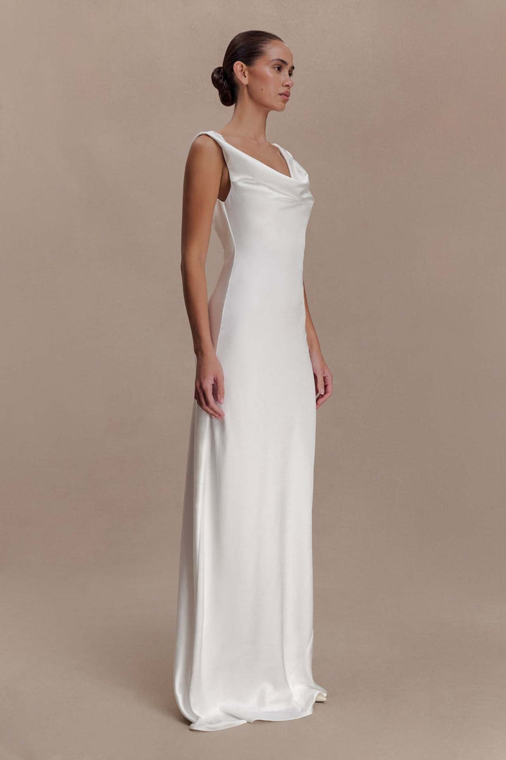 ANGELIN satin maxi dress with lace detailing and an open back