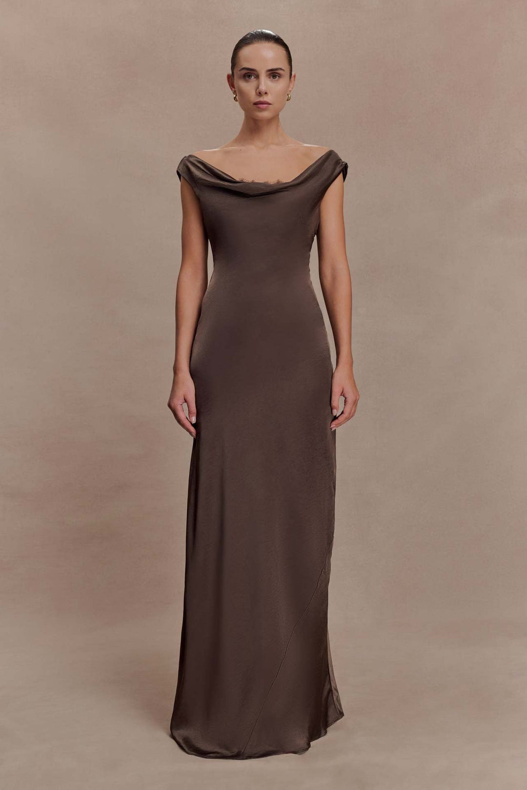 ANGELIN satin maxi dress with lace detailing and an open back