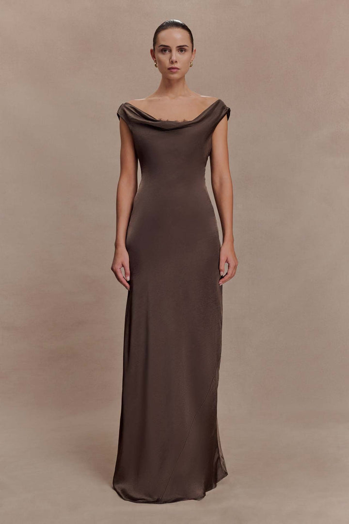 ANGELIN satin maxi dress with lace detailing and an open back