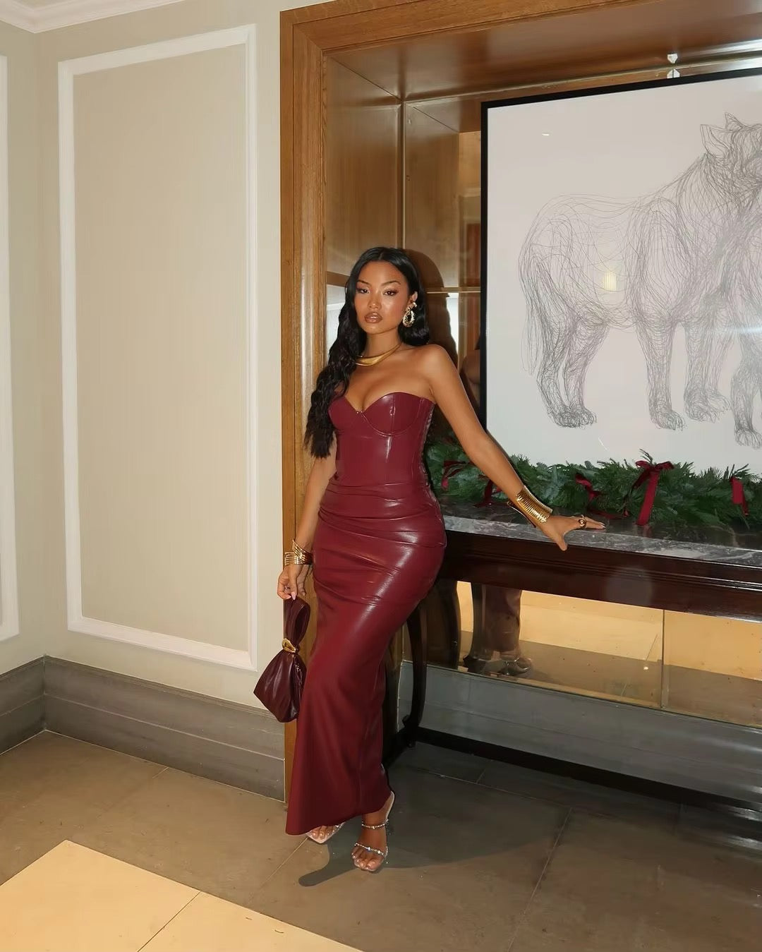Strapless faux leather maxi dress with ruching and slit design - Marian