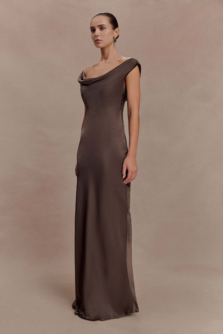 ANGELIN satin maxi dress with lace detailing and an open back