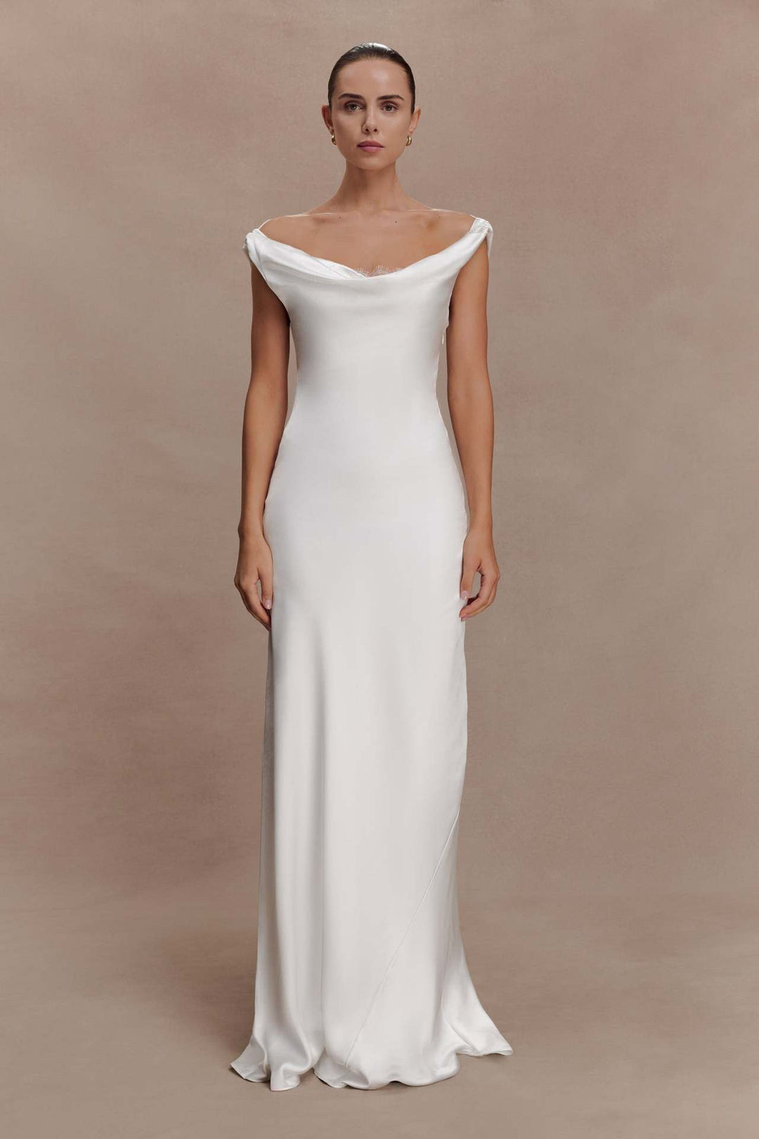 ANGELIN satin maxi dress with lace detailing and an open back