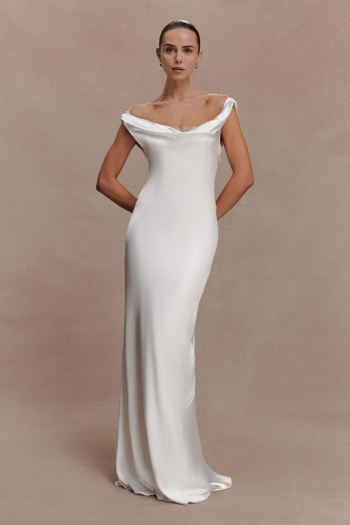 ANGELIN satin maxi dress with lace detailing and an open back